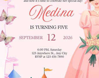 Princess Birthday Invitation, Editable Canva Template, Pink Royal Party Invite (Instant Download)