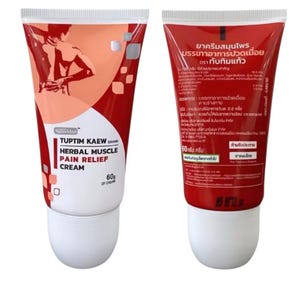 May include: Two tubes of TUPTIM KAEW Herbal Muscle Pain Relief Cream, each containing 60g of cream. The tubes are red and white, with text in English and Thai. The product is from Thai Herbs Store.