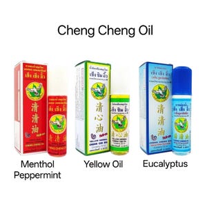 May include: Image of Cheng Cheng Oil products, including Menthol Peppermint, Yellow Oil, and Eucalyptus varieties. The products are packaged in red, green, and blue boxes and bottles, with text in multiple languages.