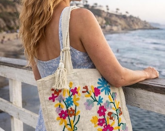 Broderad blommig bomullsväska – Boho Market axelväska