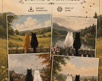 Elegante poster stampabile con gatto, decorazione cottagecore neutra, tranquilla illustrazione di paesaggio con gatto