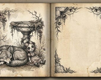 Pagine di diario gotico / Dark Ledger, illustrazioni di lupi e bambole (download digitale)