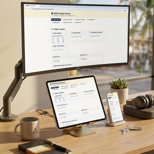 Puede incluir: Una moderna configuración de espacio de trabajo con un monitor de computadora grande, una tableta y un teléfono inteligente que muestran un planificador digital para el TDAH. Una taza, un cuaderno, un bolígrafo y auriculares también están en el escritorio de madera. El texto "ADHD Digital Planner" se muestra.