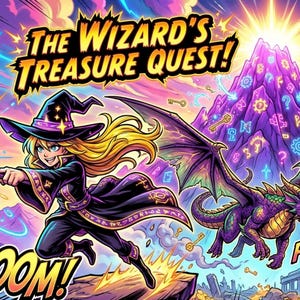 May include: Comic book style illustration with the text "The Wizard's Treasure Quest!". A wizard with blonde hair and a black hat casts a spell. A purple dragon flies nearby. The background features a mountain and treasure.