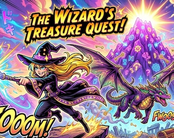 Illustrazione di Wizard Treasure Quest – Decorazione murale a tema avventura fantasy, illustrazione di un drago magico (download digitale)
