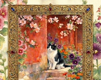 Stampe artistiche di fiori e felini: Collezione botanica con gatti ad acquerello (Download digitale)