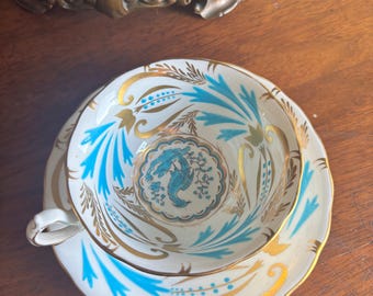Vintage 1950s Royal Chelsea - Tea Cup and Saucer Set, Peacock Pattern #3800A
