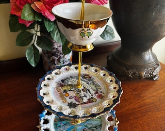 Vintage Jewelry Tray using repurposed commemorative travel plate tired stand, unique gift, home decor, jewelry, keys, trinkets, etc.