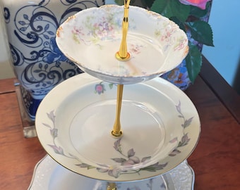 Cream and violet floral, vintage repurposed china 3-level tiered tray, dessert stand, home decor, tea party, etc.