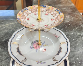 Classic 3-level Repurposed Navy and White Patterned Tier Tray