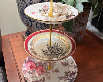Repurposed china 3-level for jewelry, desserts, sweets, unique gift, etc.