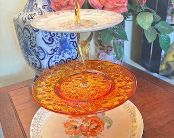 Vibrant orange depression glass and vintage gold porcelain 3-level tier-tray