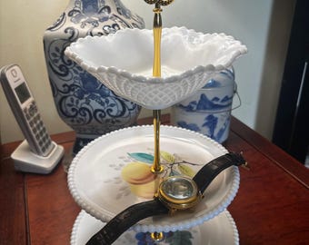 Milk Glass 3-level tiered tray with  "beaded fruit" pattern
