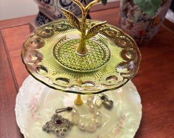 Jewelry Stand with Indian Glass and Limoges Repurposed Plates