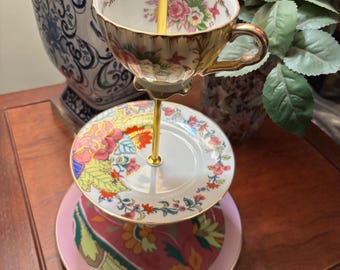 Whimsical Anthropologie and mixed vintage tiered tray for  jewerly, cake, desserts, center piece, special occasion gift, etc.