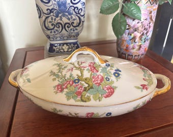 Vintage Oval Vegetable Serving Dish with Lid, (1909-1922) "Indian Tree" Pattern