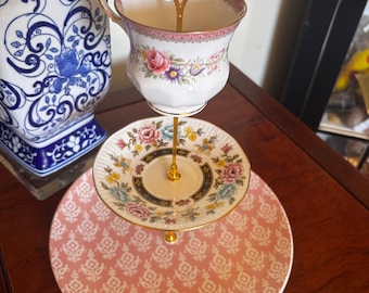 Vintage China 3-level tier-tray with mixed patterns