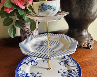 Repurposed Blue and White China 3 Level Tier Tray