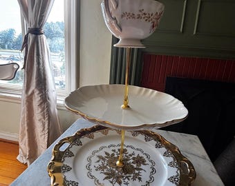 Vintage China 3-Level Tier Tray (White and Gold)
