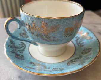 1920's Wellington Teacup Set, Light Blue and Gold, "chintz" pattern