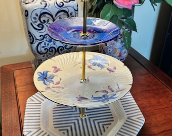 Vintage Cobalt Blue Glass & Elfenbein 3-level Tier Tray
