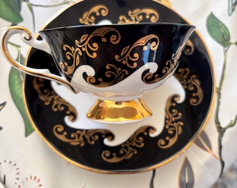 Jet Black Queen's Teacup and Saucer Set "Emperor" Pattern