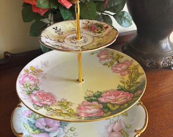 3-Level Floral Hand-painted Tier Tray with Poppies and Roses (1930's)