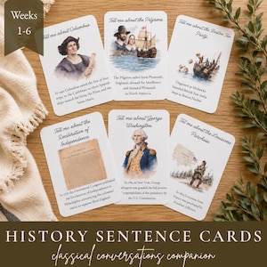 May include: Six rectangular white history sentence cards featuring watercolor illustrations and text. Topics include Columbus, the Pilgrims, the Boston Tea Party, the Declaration of Independence, George Washington, and the Louisiana Purchase.