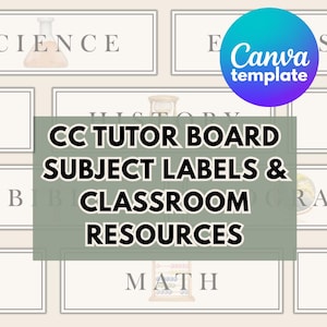 May include: A digital Canva template featuring rectangular subject labels for a classroom tutor board. The labels include text such as SCIENCE, HISTORY, and MATH, accompanied by illustrations of a beaker, an hourglass, and an abacus.