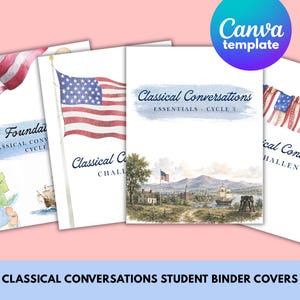 May include: A set of white student binder covers featuring watercolor illustrations of the American flag, a historical landscape with a ship, and the text Classical Conversations Essentials Cycle 3. The designs include patriotic motifs and educational themes.