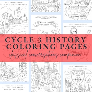 Peut inclure: Une collection de pages de coloriage historique en noir et blanc intitulée Cycle 3 History Coloring Pages. Les feuilles présentent des illustrations au trait de personnages historiques, de cartes et d'événements comme Colomb, le compromis du Missouri et l'OTAN.