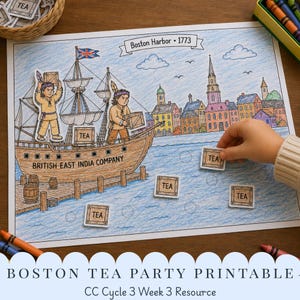 May include: A colorable activity sheet titled Boston Harbor 1773 featuring a ship labeled British East India Company, two figures, and several small square cutouts labeled TEA. The scene depicts a harbor with buildings and a wooden dock.
