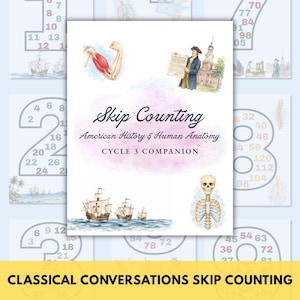 May include: A white educational poster titled Skip Counting American History & Human Anatomy Cycle 3 Companion. It features watercolor illustrations of a human arm muscle, a historical figure with a document, sailing ships, and a human rib cage.