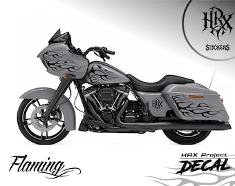 May include: A gray motorcycle featuring black flame decals on the front fairing, fuel tank, and rear saddlebags. The bike includes black engine components, wheels, and exhaust pipes. The text HRX Stickers and HRX Project DECAL is visible.