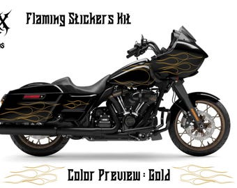 May include: A black motorcycle featuring a gold flame sticker kit applied to the fairing, fuel tank, and saddlebags. The text HRX Stickers, Flaming Stickers Kit, and Color Preview: Gold is displayed in a stylized black font on the white background.