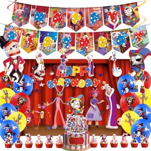 May include: A festive birthday party scene with colorful decorations. Includes a banner that says "Happy Birthday", balloons, cake, cupcakes, and cartoon character cutouts. The color scheme is red, blue, yellow, and purple.