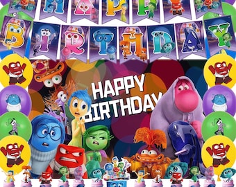 Kids Birthday Party Supplies Set, Colorful Mood Theme Decorations, Backdrop, Cake Topper, Balloons and Cute Character Party Decor