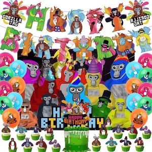 May include: A Gorilla Tag themed birthday party decoration set featuring a banner with colorful gorilla illustrations, various latex balloons with gorilla prints, and a cake topper with the text Happy Birthday, alongside small cupcake toppers.