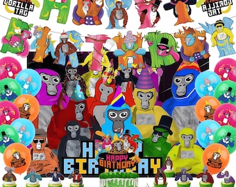 Monkey Gamer Birthday Decorations Set, Kids Jungle Gaming Party Supplies, Banner Backdrop Cake Topper Cupcake Toppers Balloons