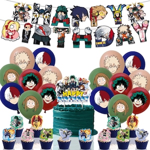 Peut inclure: Un ensemble de fête d'anniversaire avec un gâteau turquoise, des cupcakes, des ballons et une bannière. Les décorations présentent des personnages d'anime. Le gâteau a un cake topper "Happy Birthday". Les ballons sont rouges, verts et bleus.