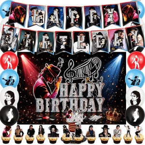 Op de afbeelding: Een verjaardagsfeest decoratieset met Michael Jackson afbeeldingen, inclusief een HAPPY BIRTHDAY banner met glinsterende zilveren letters, een grote achtergrond, ballonnen met silhouetten en decoraties voor op cupcakes.