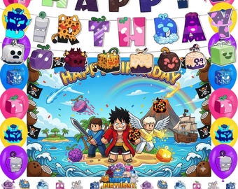 Fruit Power Game Birthday Party Supplies Set | Roblox-Inspired Themed Decorations Kit with Banner, Backdrop, Balloons, Cake  for Kids Boys