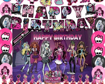 Spooky Gothic Girls Birthday Party Decor Kit, Monster Style Theme Party Supplies with Banner Backdrop Balloons Cake&Cupcake Toppers for Kids