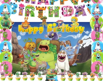 Cute Musical Monster Birthday Party Decorations Set, Kids Monster Party Supplies Kit with Banner, Backdrop, Balloons, Cake Topper & Swirls