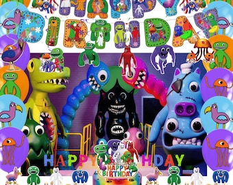 Premium Creepy Cute Monster Party Kit | Colorful Gamer Kids Birthday Decor Set: Large Backdrop, Banner, Balloons & Cake Toppers