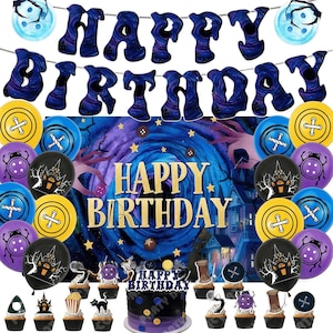 May include: A birthday party scene with a dark blue and purple theme. Includes a banner that says "Happy Birthday", balloons, a cake, and cupcakes. The balloons feature button and haunted house designs.