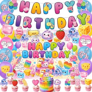 Squishy Toy Birthday Party Decorations, Kawaii Fidget Toy Party Supplies, Cute Rainbow Backdrop, Balloons, Banners, Cake and Cupcake Toppers