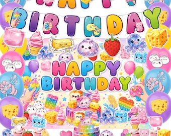 Squishy Toy Birthday Party Decorations, Kawaii Fidget Toy Party Supplies, Cute Rainbow Backdrop, Balloons, Banners, Cake and Cupcake Toppers