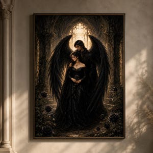 May include: A framed wall art print depicting a dark-haired figure with large black wings standing behind a person in a black gown. They are positioned in a stone archway with golden light and dark roses in the foreground, creating a moody scene.