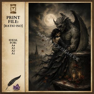May include: Digital art print featuring a gothic scene of a winged gargoyle embracing a woman under a full moon. The artwork is in shades of gray and black, with a castle in the background. The print file is available in [RATIO ISO] and ideal for A4, A3, A2, and A1 sizes.